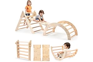 RUIE Klettergerüst Indoor 7-in-1 Kletterdreieck mit Rutsche, Hölzernes Kletterdreieck Set für kletterbogen ab 1 Jahr, Montessori klettergerüst, Kletterturm, Kinder Indoor Spielplatz