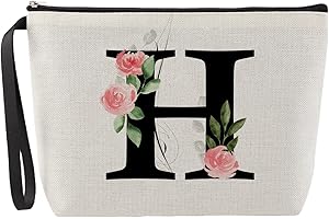 Blisswave Trousse de Toilette Femme, Trousse Maquillage Personnalisée avec Nom De a à z, Fermeture Éclair en Métal de Haute Qualité, Design Imprimé Exquis, Doublé, Cadeaux Personnalisés (Beige)