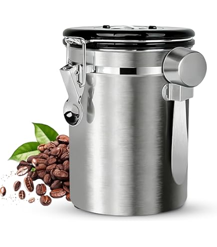 Miiepls Koffieblik luchtdicht van roestvrij staal, 1,8 l, vacuüm koffieblik, koffiebonenhouder met roestvrijstalen lepel en tijdregistratie, voor thee, noten, cacao, langer en vers blijven