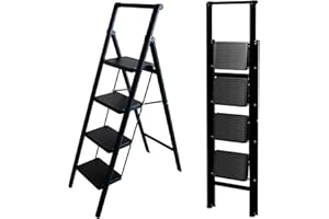 UABA Escalera Plegable 4 peldaños Negra, Ligera y compacta, peldaños Anchos Antideslizantes, certificada EN 131
