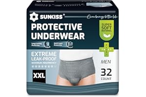 SUNKISS Sous-vêtements Incontinence Homme Slips Jetables Jour pour Adultes Culottes de Protection Masculines à Absorption Maxime Taille XXL Gris 32 Unités