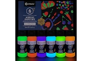 Artecho Set di Colori Acrilici 6 × 59ml, Glow in the Dark, Può Emettere Luce al Buio dopo aver Caricato sotto la Sorgente Luminosa, Sicuro per Tela, Carta, Tessuto, Legno, Pietra.