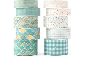 YUBX 10 Rollen Washi Tape Set, Masking Tape, Goldfolie dekorative Klebebänder, Klebeband Bunt für Kunst, DIY Handwerk, Tagebuch, Hobel, Sammelalbum, Verpackung (Bronzing Blues)