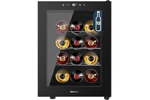 Cecotec Vinoteca 12 Botellas Bolero GrandSommelier 1255 CoolCrystal E. Estantes Metálicos, Control Táctil, Temperatura 8 a 18ºC, Temperatura 8 a 18ºC, Negra