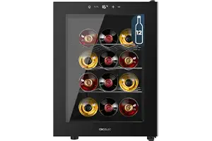 Cecotec Vinoteca 12 Botellas Bolero GrandSommelier 1255 CoolCrystal E. Estantes Metálicos, Control Táctil, Temperatura 8 a 18ºC, Temperatura 8 a 18ºC, Negra