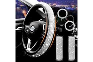 Yumzeco Bling Cystal Steering Wheel Cover，Diamond leather Steering Wheel Covers Set & Rhinestone Steering Wheel Cover with Universal Steering Wheel Protector,2 x Bling Seat Belt Covers,2 x Bling Ring