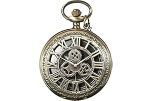 MORFONG Vintage Pocket Watch Quartz Pocket Watch with Necklace Hollow Gang Roman Numerals Pocket Watch Antique Watch for Men Women Father Grandpa Birthday Anniversary, Bronze