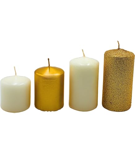 Candele dell'Avvento con motivo dorato – 2 pezzi – superficie rustica – candele/candele – Natale / corona dell'Avvento (senape, altezza: 11 cm/diametro 6 cm – 2 pezzi