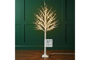 GloBrite 6ft Pre-Lit Twig Christmas Tree with 128 Warm White LEDs - White Birch Design, Bendable Branches, Indoor & Outdoor Christmas Decorations
