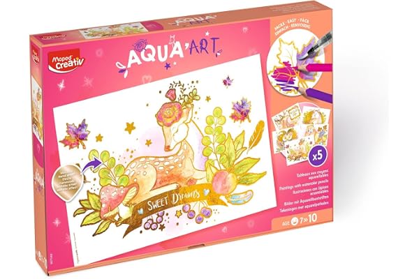 Maped Creativ - Aqua'Art Animaux de la forêt - Activité Aquarelle pour Enfants - Coloriage aux Crayons Aquarellables + Pinceau - 5 Affiches Effets Métallisés à Colorier et Personnaliser - Dès 7 Ans