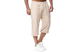 VANVENE Homme 3/4 Short Cargo d'été décontracté en Coton et Lin pour de Plage Ample à Cordon Pantalon de à élastique Shorts