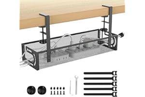 FUNVALLEY SURPERFECT Under Desk Cable Management Tray - No Drill Wire Organizer, Desk Cable Tidy Basket for Extension Cords & Wires, Office/Home/Kitchen Storage Solution, Fits Computer, Internet Cafe & Workspaces (Black)