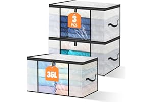 Vasmeiy 3 Stück 35L Aufbewahrungstasche Transparent, Faltbare Umzugskartons, Verstärkt Griff mit Deckel Kleiderbox Umzugskartons für Klamotten, Kleider, Bettdecken, T-Shirts, Decke, Bettwäsche