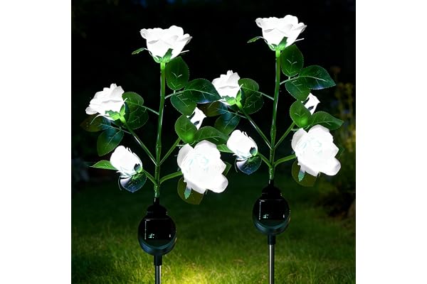 XVZ Lumière Solaire Extérieur Jardin, Lampes LED Rose solaires avec plus grande fleur et large panneau solaire, étanche Deco Jardin Exterieur pour jardin, pelouse, terrasse, chemin (blanc 2 Pièces)