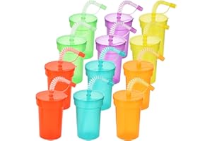 ALINK 12 Pack Wiederverwendbare Neon Tassen mit Deckel,Trinkbecher Set mit Deckel, Eiskaffee,Kaltes Trinken,Smoothie Saft (380ML)