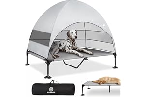 CJYMMFAN Lit Surélevé pour Chien avec Auvent, Tente Transat d'Extérieur sureleve avec Pieds Antidérapants, Couchage Camp Portable avec Ombrage sur 3 Côté, Canapé Chien pour Camping, Jardin, Plage, Piscine