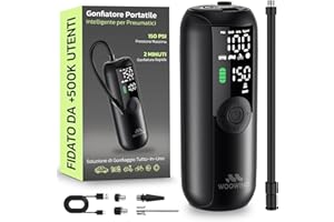 Woowind Compressore Aria Portatile, Pompa Per Bicicletta Elettrica Gonfiaggio in 1 Minuto, 150PSI, Gonfia Gomme Auto, Biciclette, Moto e Palloni con Spegnimento Automatico, Schermo LCD, Luce LED