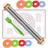 FACIACC Rolling Pin with Thickness Rings Adjustable Stainless Steel 17 inch Rolling Pin and Silicone Baking Mat for Baking Do