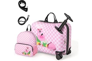 DREAMADE Kinderkoffer zum Draufsitzen, 2 TLG. Kinderkoffer mit Rucksack, Kindergepäck Trolley zum Reisen, Reisetrolley Kinder Trolley Set (Pink-Flamingo, 18 Zoll +12 Zoll)
