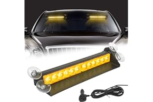 Esoldnic LED Amber Windshield Strobe Light Bar, High Intensity Windscreen Emergency Dash Light, 12 LEDs Flashing Beacon with 4 Suction Cups for Snow Plow Car Truck Vehicles (12-24V)