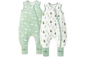 Unnivoll Baby Schlafsack mit Füßen 1,5 Tog 2er Pack Schlafsack Baby Baumwolle Ganzjahre Schlafsack mit Beinen Babyschlafsack Weich 80 cm für Jungen Mädchen Grüner Baum