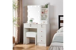 JRSWIN Vanity Desk Set with LED Sliding Mirror, Makeup Vanity Dressing Table with Lights & 5 Drawers, White Modern Dresser with Cushioned Stool Set for Girls' Bedroom