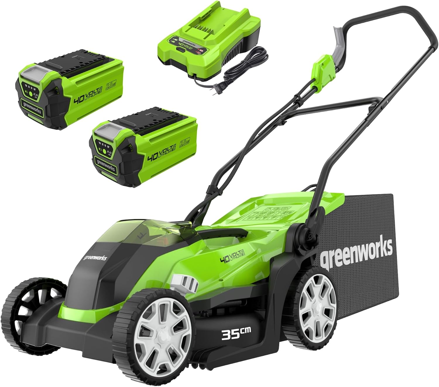 Greenworks 40V Cordless Lawnmower for Lawns up to 400m², 35cm Cutting Width, 40L Bag PLUS Two 40V 2Ah Batteries & One Charger, 3 Year Guarantee-G40LM35K2X, Green