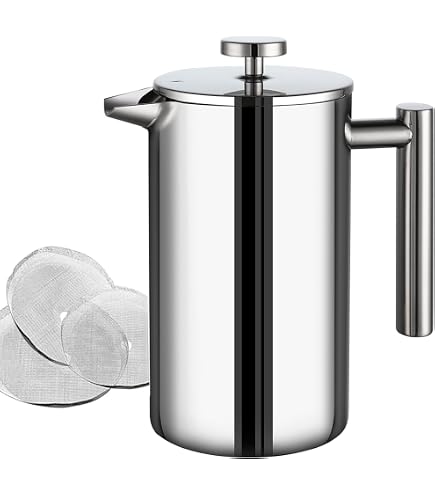 French Press Kaffeemaschine 1,5 L – Doppelt Isoliert, Edelstahl, 4-stufiges Filtersystem, Spülmaschinenfest