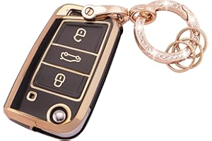 Koaudb Étui à clés de voiture pour VW Volkswagen Golf 7 Polo MK6 Jetta Tiguan Skoda Superb Seat Leon 3 boutons Coque en TPU souple avec porte-clés Noir Or (R-Vlw-3B-B)