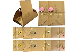 INELIHOO 10PCS Retro Kraft Paper Gift Envelopes with Handmade Dried Flower Long Invitation Envelopes with Heart Closure & Greeting Card Sticker Buckle Envelope Jute Twine Handmade Fancy Envelope