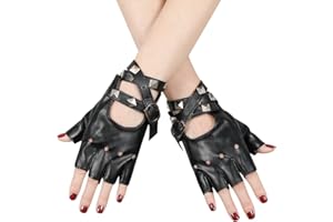 LEACOOLKEY Women Punk Gloves PU Leather Half Finger Rivets Performance Costume Fingerless Gloves for Ladies Teens
