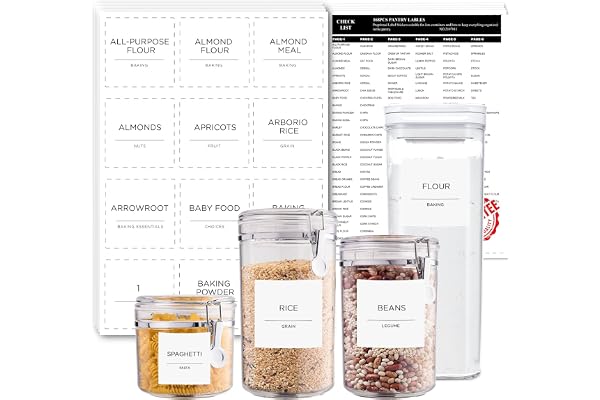 168 Pantry Labels, Prefdo Minimalist Farmhouse Waterproof Preprinted Food Name Stickers + Numbers for Kitchen Organization Storage Containers, Jars & Canisters
