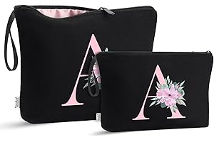 Vavabox Trousse de Toilette personnalisée A à Z, Tissu Premium & Fermeture éclair Robuste, Cadeau Parfait Femme, idée Cadeau Fille Unique, Cadeau Unique pour mariée ou Demoiselle (A, Noir 2 Pièces)