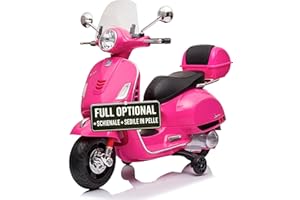 TOYSCAR Moto Elettrica per Bambini 12V Licenza Ufficiale Vespa Piaggio Modello GTS Super, Luci LED MP3 Sedile in Pelle Bauletto (Rosa)