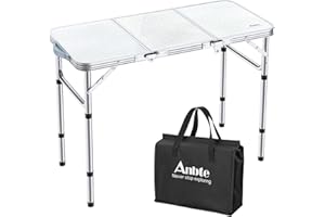 Anbte Tavolo Pieghevole da Campeggio 87.5 * 40.2 * 68.5 cm,Tavolino da Giardino Caffè 3 Regolabili in Altezza in Alluminio con Rete da Giardino/Picnic/Balcone/Barbecue/Spiaggia-Bianco