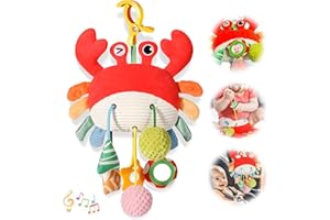 AIRCADIA Baby Kinderwagen Spielzeug mit Ausziehfunktion ab 0 3 6 Monate, Krabbe Anhänger Greifspielzeug Baby Spielzeug mit Spiegel und Ton, Plüsch Hängespielzeug Neugeborenen Mädchen Jungen Geschenk