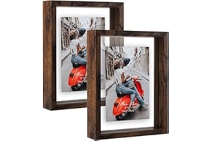 EXYGLO Juego de 2 Marcos de Fotos 10x15 cm Flotantes, Marco de Fotos Doble Cristal, Marco Doble Care para Colgar en la Pared o de pie Sobre la Mesa, Muestra Fotos de Hasta 15x20cm, Marrón Rústico