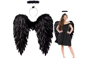 LRXYFYW 55cm EngelsflüGel Schwarz,FederflüGel Engel,Schwarz FlüGel MäDchen,Engels FlüGel KostüM,Engel KostüM Damen,Engel FlüGel