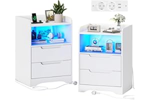 ‎BRINLAWB Brinlawb Nachttisch 2er set Nachttisch mit Ladefunktion und LED-Licht Nachtschrank 2er set mit 2 Schubladen Und 1 Offenes Fach Beistelltisch Weiss Couchtisch Sofatisch für Schlafzimmer Wohnzimmer Weiß