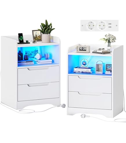 Gurexl Smart Nachttisch 2er Set Mit Kabellosem Laden & LED - Moderner Beistelltisch