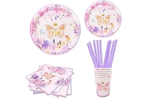 ASSUGO Schmetterlinge Deko pappteller,100pcs geburtstagsdeko mädchen partygeschirr pappteller kindergeburtstag deko, pappteller rosa schmetterling deko Teller Becher Strohhalme Servietten -20 Gäste