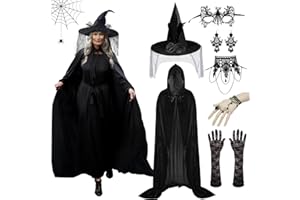 LXWINNER 7-teilig Unisex Umhang mit Kapuze, Hexenhut, Gothic Netzhandschuhe, Halskette,Maske,Ohrringe, Armbänder, Vampir Umhang Samt, Hexenkostüm Damen Halloween, für Halloween Cosplay Maskerade Zubehör