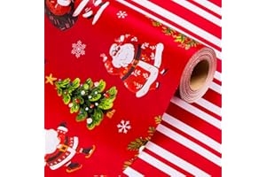 Wikadlik Reversible Christmas Wrapping Paper - Red Santa Claus and Green Tree Design Red Gift Wrap Paper - 43cm x 10m