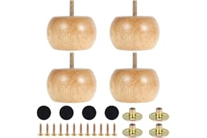 QINGLANG Wooden Furniture Legs Set of 4, 8 X 5cm Solid Round Bun Feet with 4 Screws DIY Chair Legs Table Feet Replacement Set for Sofa Cabinet Chair Couch Ottoman Coffee Table