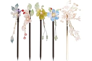 SAWADA Lot d'épingles à cheveux asiatiques avec décoration florale | 5 baguettes à cheveux en bois et métal | Accessoires de cheveux japonais | 18 cm