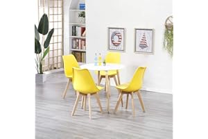 GrandCA HOME Juego de Muebles de Comedor Mesa de Comedor Redonda con 4 Sillas de Cocina Tapizadas para el Hogar, Oficina, Cocina (Amarillo)
