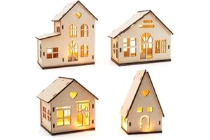 Aitsite 4 Piezas Pueblo Navideño Madera con LED Luz, Pueblo De Navidad En Miniatura, Casa Navideña con Luces Decorativa, Casitas Navidad Luz Led Decoración Navideña Interior Village de Navidad