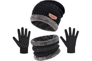 29 IYEBRAO 3-Teiliges Wintermützen-Handschuhe-Schal-Set Dickes Fleecefutter Warme Strickmütze Touchscreen-Handschuhe Halstuch für Kaltes Wetter Männer & Frauen