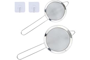 MAOQYE 2 Pack Small Stainless Steel Fine Mesh Strainers with Kitchen Hooks,12 cm/8cm Diameter Fine Mesh Sieve Tea Strainers Kitchen Colander Sieve with Handle - Ideal for Juice Egg Tea Coffee Flour Filter