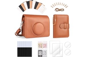 HIYQIN Mini EVO etui na aparat i zestaw akcesoriów, do Fujiifilm Instax Mini EVO skórzane etui, osłona ekranu i obiektywu, album fotograficzny, ramki magnetyczne, wiszące ramki, naklejki, brązowe